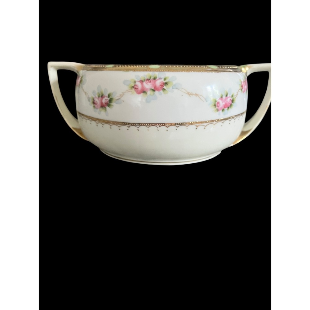 Antique Porcelain  Bowl Pink Rose Garland Gold Gilt Double Handle Vintage